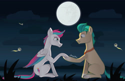 Size: 5100x3300 | Tagged: safe, artist:bronybran, hitch trailblazer, zipp storm, earth pony, firefly (insect), insect, pegasus, pony, g5, duo, female, full moon, holding hooves, looking at each other, looking at someone, male, mare, mare in the moon, moon, ship:stormblazer, shipping, signature, slender, stallion, straight, thin