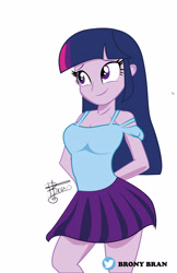 Size: 3300x5100 | Tagged: safe, artist:bronybran, twilight sparkle, human, equestria girls, g4, arm behind back, breasts, busty twilight sparkle, clothes, female, signature, simple background, skirt, smiling, solo, white background