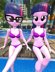 Size: 900x1184 | Tagged: safe, artist:oatmeal!, sci-twi, twilight sparkle, human, equestria girls, g4, 3d, belly button, bikini, breasts, clothes, crossed legs, glasses, gmod, humanized, looking at you, sexy, sitting, swimming pool, swimsuit, tropical, twolight