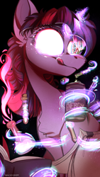 Size: 1080x1920 | Tagged: safe, artist:wacky-skiff, twilight sparkle, pony, g4, book, chemicals, chest fluff, glowing, glowing horn, horn, solo, test tube, white eyes