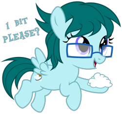 Size: 3680x3440 | Tagged: safe, artist:strategypony, oc, oc only, oc:cloudy bits, pegasus, pony, cloud, dialogue, female, filly, flying, foal, glasses, high res, pegasus oc, simple background, talking to viewer, text, transparent background