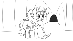 Size: 1920x1080 | Tagged: safe, artist:spritepony, oc, oc only, oc:sapphire gleam, pony, unicorn, bag, cave, cavern, diaper, diapered, female, grayscale, helmet, horn, lineart, magic, mining helmet, monochrome, non-baby in diaper, pickaxe, pondering, poofy diaper, saddle bag, sketch, solo, standing, telekinesis, thinking, unicorn oc