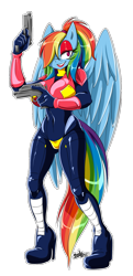 Size: 755x1564 | Tagged: safe, artist:sexybloody, rainbow dash, pegasus, anthro, g4, armor, bedroom eyes, boots, eggman empire of equestria, gun, hair over one eye, high heel boots, latex, latex suit, lipstick, makeup, mind control, shoes, signature, simple background, smiling, transparent background, weapon, wings