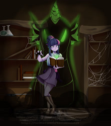 Size: 1280x1450 | Tagged: safe, artist:sexybloody, spike, twilight sparkle, demon, human, equestria girls, g4, book, clothes, cutie mark on clothes, duo, female, glowing, glowing eyes, hair bun, indoors, magic, magic circle, reading, skirt, spider web, summoning circle, worried