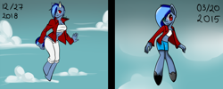 Size: 1280x512 | Tagged: safe, artist:sexybloody, oc, oc only, earth pony, anthro, unguligrade anthro, clothes, cloud, comparison, duo, earth pony oc, female, flying, levitation, magic, redraw, shorts, smiling, telekinesis