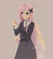Size: 2375x2612 | Tagged: safe, artist:hikari_aoq, fluttershy, human, clothes, dress, eyeshadow, fluttergoth, humanized, looking at you, makeup, pony coloring, simple background, solo, winged humanization, wings