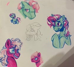 Size: 3325x3024 | Tagged: safe, artist:beetlebonez, derpibooru exclusive, minty, pinkie pie, pinkie pie (g3), earth pony, pony, g3, g4, female, high res, highlighter, lesbian, ship:mintypie, shipping, simple background, traditional art