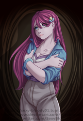 Size: 1280x1866 | Tagged: safe, artist:sexybloody, pinkie pie, human, equestria girls, g4, abstract background, clothes, female, frown, hairclip, pants, pinkamena diane pie, solo