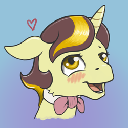 Size: 1280x1280 | Tagged: safe, artist:multiverseequine, derpibooru exclusive, oc, oc only, oc:golden trim, pony, unicorn, blushing, bowtie, bust, gradient background, heart, horn, male, multicolored hair, open mouth, pink bow, solo, stallion, yellow eyes