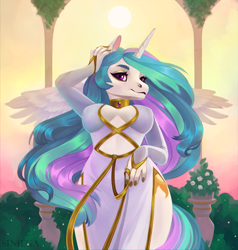 Size: 1216x1280 | Tagged: safe, artist:sinilga, princess celestia, alicorn, anthro, absolute cleavage, breasts, busty princess celestia, cleavage, clothes, dress, female, garden, low angle, pose, signature, smiling, solo, spread wings, sun, wings