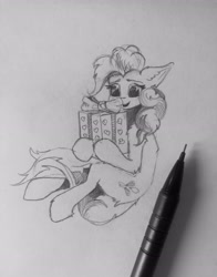 Size: 2354x3010 | Tagged: safe, artist:hornmlp, pinkie pie, earth pony, pony, g4, female, fluffy, high res, holding, looking at something, mare, monochrome, open mouth, open smile, pencil drawing, present, sitting, smiling, solo, traditional art