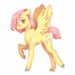 Size: 2048x2048 | Tagged: safe, artist:mobylace, fluttershy, pegasus, pony, g4, alternate hairstyle, colored hooves, female, high res, looking at you, mare, raised hoof, raised leg, short hair, short mane, short tail, side view, simple background, smiling, smiling at you, solo, spread wings, standing on two hooves, tail, white background, wings