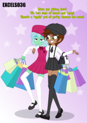 Size: 661x935 | Tagged: safe, artist:excelso36, oc, oc only, oc:alexa, oc:penni, human, equestria girls, g4, 60s, bag, barely pony related, beret, boots, british, clothes, cockney, commissioner:shortskirtsandexplosions, crossdressing, femboy, girly, gloves, hat, male, mary janes, necktie, purse, school uniform, shoes, shopping, shopping bag, solo, stockings, thigh highs