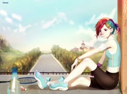 Size: 2560x1890 | Tagged: safe, artist:kinuwa, rainbow dash, human, equestria girls, g4, badminton, bandaid, clothes, compression shorts, shoes, shuttlecock, solo, tennis racket, water bottle