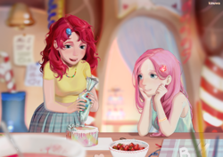 Size: 2290x1619 | Tagged: safe, artist:kinuwa, fluttershy, pinkie pie, human, equestria girls, g4, cake, cooking, duo, female, food, strawberry, whipped cream