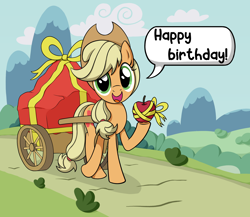 Size: 2048x1778 | Tagged: safe, artist:reconprobe, applejack, earth pony, pony, g4, apple, birthday, cart, food, solo, speech bubble