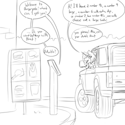 Size: 2000x2000 | Tagged: safe, artist:thedrunkcoyote, oc, oc only, oc:amber steel, unicorn, anthro, big smoke, car, dialogue, digital art, drive thru, fast food, female, food, ford, ford bronco, grand theft auto, gta san andreas, high res, horn, monochrome, order, solo, speech bubble, talking, text, unicorn oc