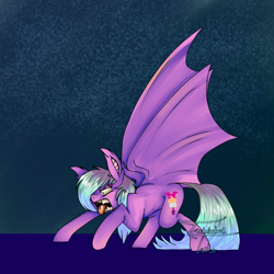 Size: 1280x1280 | Tagged: safe, artist:technicolourtorture, oc, oc:buttercream cupid, bat pony, pegasus, pony, aggressive, angry, bat pony oc, bat wings, fangs, multicolored hair, pink fur, sharp teeth, teeth, wings