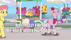 Size: 520x293 | Tagged: safe, edit, edited screencap, screencap, dahlia, posey bloom, earth pony, pony, g5, my little pony: tell your tale, neighfever, spoiler:g5, spoiler:my little pony: tell your tale, spoiler:tyts01e16, animated, caption, duo, female, gif, mare, metaphor, relatable, text