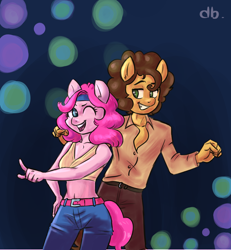 Size: 1200x1300 | Tagged: safe, artist:dubudrops, cheese sandwich, pinkie pie, earth pony, anthro, g4, belly button, dance floor, dancing, female, male, midriff, retro, ship:cheesepie, shipping, standing, straight