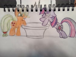 Size: 3840x2880 | Tagged: safe, artist:drbksmd, applejack, twilight sparkle, earth pony, pony, unicorn, g4, duo, high res, traditional art, unicorn twilight