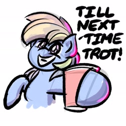 Size: 1920x1920 | Tagged: safe, artist:ashtoneer, rainbow dash, pegasus, pony, trotcon, g4, cup, female, grin, hoof hold, looking at you, mare, simple background, smiling, smiling at you, solo, talking to viewer, trotcon 2022, white background