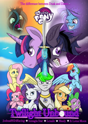 Size: 3508x4961 | Tagged: safe, applejack, fluttershy, pinkie pie, queen chrysalis, rainbow dash, rarity, spike, trixie, twilight sparkle, oc, oc:dee-one, hengstwolf, werewolf, twilight unbound, g4, audio drama, mane seven, mane six, sword, weapon, werelight shine