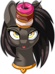 Size: 669x900 | Tagged: safe, artist:up1ter, oc, oc only, oc:ivy, pony, unicorn, :p, blushing, bust, c:, cute, donut, eyes on the prize, female, food, horn, horn impalement, jewelry, looking up, mare, simple background, smiling, solo, striped background, the uses of unicorn horns, tongue out, transparent background