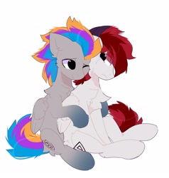 Size: 1524x1599 | Tagged: safe, artist:little-sketches, oc, oc only, oc:allen, oc:pixel codec, pegasus, pony, chest fluff, comforting, commission, crying, cuddling, folded wings, gradient hooves, hug, hug from behind, male, pegasus oc, simple background, sitting, stallion, white background, wings