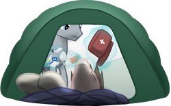 Size: 2108x1305 | Tagged: safe, artist:equestriaexploration, fortune favors, starry skies, pony, g4, atg 2022, fever, first aid kit, magic, newbie artist training grounds, sick, simple background, tent, transparent background