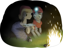 Size: 1379x1057 | Tagged: safe, artist:equestriaexploration, fortune favors, starry skies, pony, g4, atg 2022, camera, campfire, fire, magic, newbie artist training grounds, photo album, simple background, transparent background