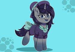 Size: 1958x1361 | Tagged: safe, artist:joaothejohn, oc, oc only, oc:purps, pony, unicorn, bow, clothes, commission, cute, ear piercing, earring, fangs, freckles, hat, horn, jewelry, looking at you, piercing, simple background, smiling, smiling at you, tail, tail bow, unicorn oc