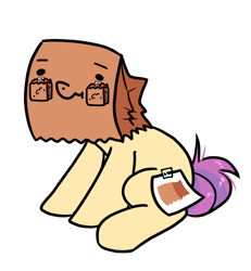 Size: 954x1034 | Tagged: safe, artist:paperbagpony, oc, oc only, oc:paper bag, pony, bag, bag on head, bags under eyes, face on a bag, fake cutie mark, paper bag, pun, simple background, solo, visual pun, white background