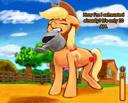 Size: 2732x2200 | Tagged: safe, artist:phutashi, applejack, earth pony, pony, g4, atg 2022, dialogue, eyes closed, farming, female, floppy ears, gritted teeth, high res, mare, mouth hold, newbie artist training grounds, solo, stardew valley, sweat, sweatdrop, teeth, watering can, workaholic
