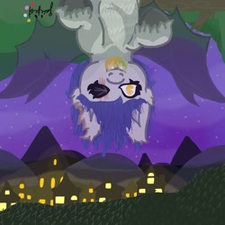 Size: 1250x1250 | Tagged: safe, oc, bat pony, pony, food, injured, mango, orange eyes, upside down