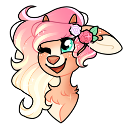 Size: 1600x1600 | Tagged: safe, artist:moonert, oc, oc only, deer, deer pony, original species, pony, bust, chest fluff, female, floppy ears, flower, flower in hair, mare, one eye closed, rose, simple background, solo, transparent background, wink