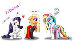 Size: 2700x1499 | Tagged: safe, artist:questionmarkdragon, applejack, rainbow dash, rarity, earth pony, pegasus, pony, unicorn, g4, ..., and then there's rarity, applejack also dresses in style, clothes, dress, ear piercing, female, horn, latex, latex socks, lost bet, makeup, mare, piercing, rainbow dash always dresses in style, scarf, signature, simple background, smiling, socks, talking, tomboy taming, white background, wings