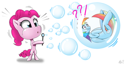 Size: 2383x1230 | Tagged: safe, artist:questionmarkdragon, pinkie pie, rainbow dash, earth pony, pegasus, pony, g4, duo, exclamation point, female, impossibly large head, in bubble, interrobang, mare, question mark, signature, simple background, surprised, white background