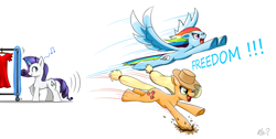 Size: 2769x1399 | Tagged: safe, artist:questionmarkdragon, applejack, rainbow dash, rarity, earth pony, pegasus, pony, unicorn, g4, backwards cutie mark, eyes closed, female, flying, glowing, glowing horn, hat, horn, mare, music notes, running, signature, simple background, smiling, underhoof, white background, wings