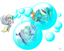 Size: 2219x1790 | Tagged: safe, artist:questionmarkdragon, derpy hooves, dinky hooves, rainbow dash, pegasus, pony, unicorn, g4, bubble, female, filly, foal, hoof hold, in bubble, laughing, mare, signature, simple background, white background