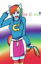 Size: 717x1115 | Tagged: safe, artist:djdupstep15, artist:vivalall, rainbow dash, rarity, human, equestria girls, g4, breasts, busty rarity, clothes, colored, female, open mouth, open smile, ponied up, smiling
