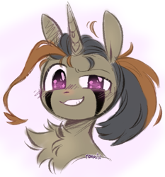 Size: 741x796 | Tagged: safe, artist:frigidmare, artist:torridline, oc, oc:rusted gold, pony, unicorn, blushing, bust, chest fluff, colored, cute, ears up, fluffy, fluffy mane, gift art, grin, happy, heart, long mane, looking at you, male, markings, multicolored hair, pink eyes, ponytail, portrait, present, request, sketch, smiling, smug, solo, sparkly eyes, stallion, wingding eyes