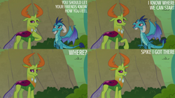 Size: 4400x2475 | Tagged: safe, edit, edited screencap, editor:quoterific, screencap, princess ember, thorax, changedling, changeling, dragon, g4, season 7, triple threat, duo, female, king thorax, male, open mouth, open smile, smiling, text