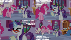 Size: 4400x2475 | Tagged: safe, edit, edited screencap, editor:quoterific, screencap, pinkie pie, rarity, earth pony, pony, unicorn, canterlot boutique, g4, season 5, carousel boutique, duo, female, glasses, magic, mannequin, mare, open mouth, open smile, rarity's glasses, smiling, telekinesis, text