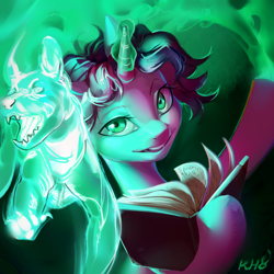 Size: 2776x2776 | Tagged: safe, artist:khvorost162, oc, pony, unicorn, book, female, high res, horn, looking at you, magic, smiling, solo