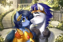 Size: 3700x2480 | Tagged: safe, artist:fenwaru, oc, oc only, pegasus, pony, armor, crown, happy, high res, jewelry, laurel wreath, male, regalia, smiling, stallion, wreath