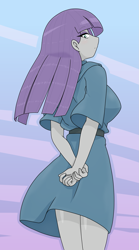 Size: 1233x2224 | Tagged: safe, artist:batipin, maud pie, human, equestria girls, g4, arm behind back, breasts, busty maud pie, female, looking at you, looking back, looking back at you, solo