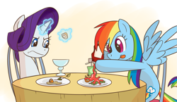Size: 1049x609 | Tagged: safe, artist:anonymous, rainbow dash, rarity, pegasus, pony, unicorn, g4, dinner, drawthread, duo, female, food, glass, juice, juice box, ketchup, levitation, magic, mare, rarity is not amused, requested art, sauce, simple background, sitting, table, telekinesis, tongue out, unamused, uncouth