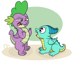 Size: 1612x1350 | Tagged: safe, artist:doodledonutart, sparky sparkeroni, spike, dragon, g5, baby, baby dragon, blech, comic, do not want, duo, duo male, male, no thanks, snot, sparky and his hero