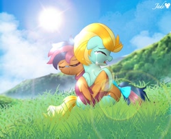 Size: 1600x1300 | Tagged: safe, artist:jadebreeze115, lightning dust, oc, oc:solar comet, pegasus, pony, g4, bow, comforting, crying, disguised changedling, hug, tail, tail bow, upset, winghug, wings